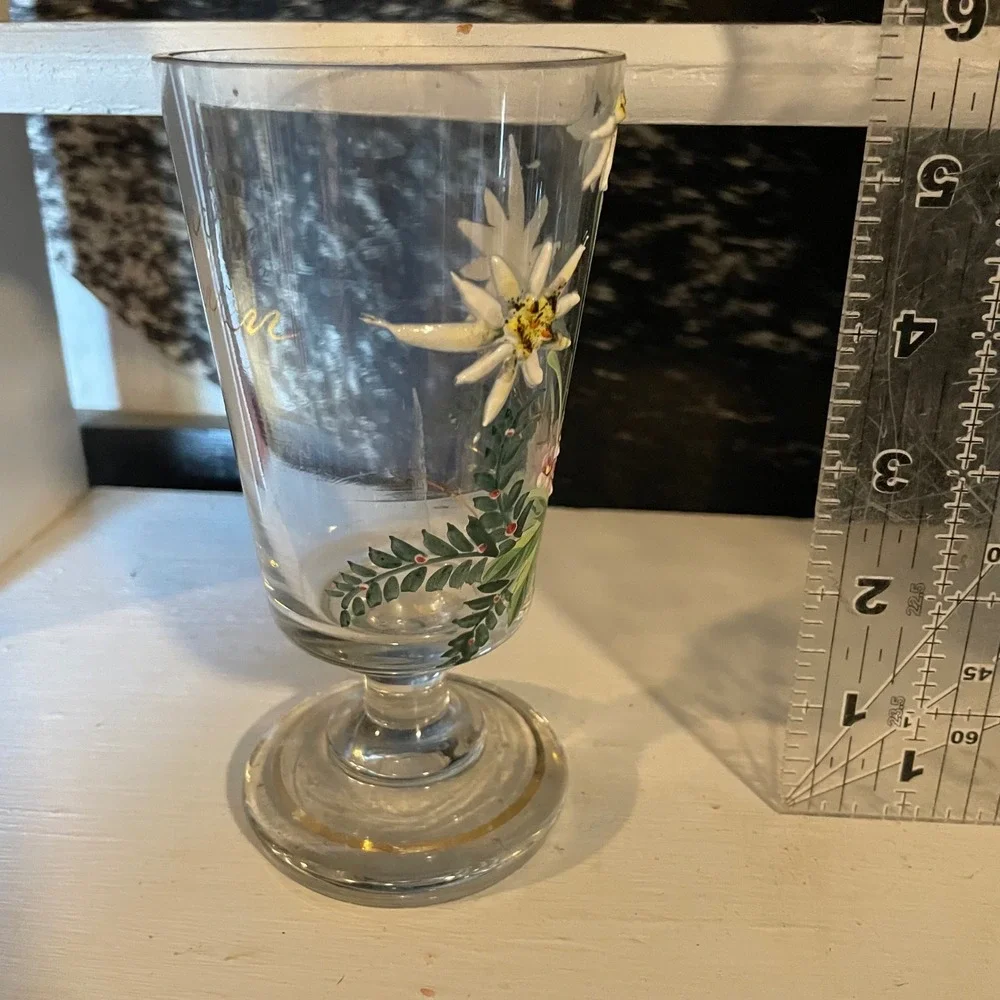 Vintage Floral‎ Edelweiss Clear Glass Footed Vase Bud Vase Hand Painted Decor